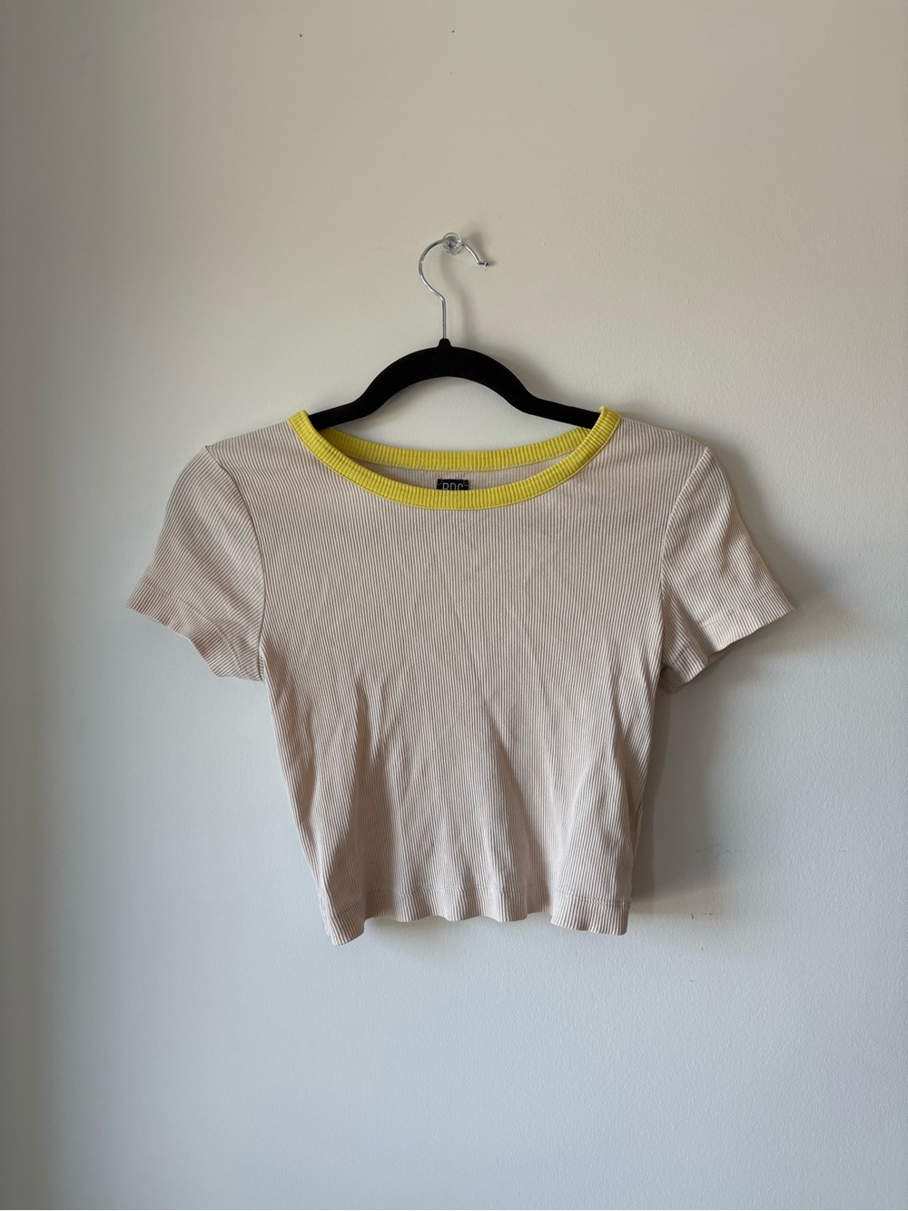 BDG Cream Ribbed Crop Top with Yellow Neckline